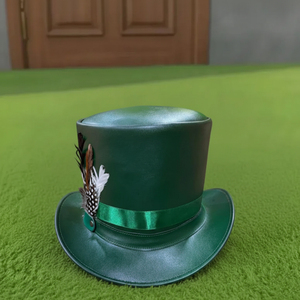Premium quality custom made Handmade Green Leather <b>Top</b> Hat Steampunk Victorian Cosplay with <b>Feather</b> Detail - Product Image 1
