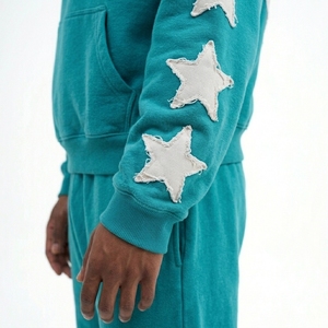 Ensemble décontracté : Sweat à capuche zippé épais délavé style rétro avec ourlet brut et pantalon de survêtement, appliqué vintage vieilli, 100% Coton 480 GSM - Product Image 5
