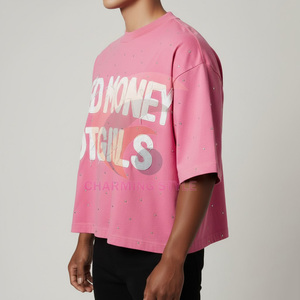 T-shirt à manches courtes en coton biologique délavé à l'acide, motif uni, style sport, avec broderie/strass de grande qualité – Vente en gros - Product Image 3