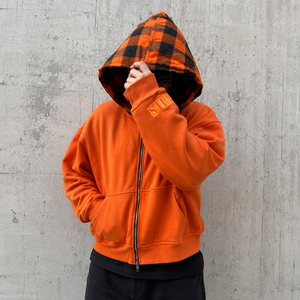 <span class=keywords><strong>Felpa</strong></span> Invernale da Uomo con Cappuccio, Zip e Fodera in Pile, Motivo a Quadri <span class=keywords><strong>Arancione</strong></span>, 350g, Stile Casual <span class=keywords><strong>Oversize</strong></span> con Logo sulla Manica Sinistra - Product Image 1