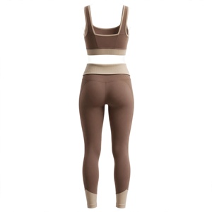 Conjunto de Yoga para Mujer: Sujetador Deportivo con Espalda Cruzada y Cuello Redondo, Leggings de Cintura Alta de Longitud Completa, Color Marrón Sólido, Acanalado, Sin Costuras, de Spandex/Nylon Térmico - Product Image 2