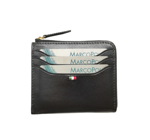 [Hot Item]Castello Italian Vegetable Tanned Leather Minimalist Unisex L-Shape YKK Zipper Card <b>Wallet</b> Flag Embroidery Black Brown - Product Image 1