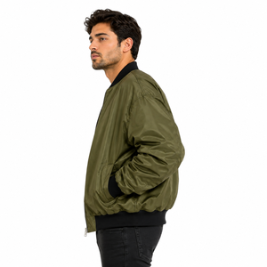 Blouson bomber coupe-vent en nylon vert olive pour homme, fermeture éclair, col montant, vêtement d'extérieur décontracté en polyester, idéal pour l'automne - Product Image 3