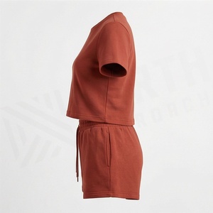 Conjunto de 2 Piezas para Mujer, Color Sólido, Tejido de Punto, Top de Manga Corta con Cuello Redondo, Shorts por Encima de la Rodilla con Cordón Ajustable, Estilo Casual para Primavera/Verano - Product Image 3