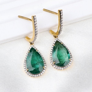 Wholesale 14k Yellow Gold Natural Pear Emerald Pave <b>Diamond</b> Halo Screw Back Drop <b>Earrings</b> Memoria Jewels - Product Image 3