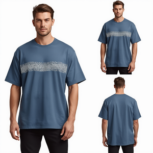 T-shirt en coton épais surdimensionné bleu poussière avec strass pour homme – Vêtement de luxe tendance en gros - Product Image 2