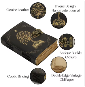 Carnet en cuir fait main vintage, motif arbre de vie en relief, journal vierge avec fermoir et papier vintage à bords festonnés faits main - Product Image 3