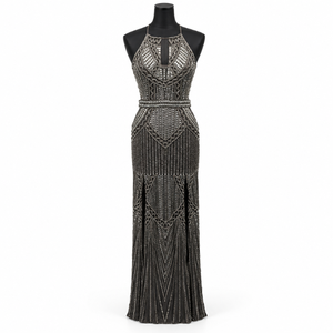 Charcoal Silver Beaded Halter Evening Gown | Geometric <b>Art</b> <b>Deco</b> Embellished Sleeveless Floor Length Formal <b>Dress</b> Fitted Column - Product Image 1