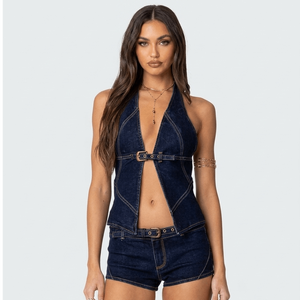 Indigo Denim Halter & Micro Short Set Buckled Waistcoat Top & Slim Fit Denim Shorts Sculpted Denim Vest and Low Rise Shorts Set - Product Image 1