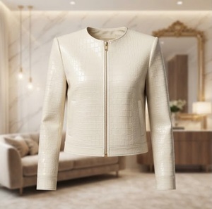 Blouson en cuir PU gaufré effet crocodile pour femme, col rond, manches longues, fermeture éclair courte, style minimaliste, collection automne - Product Image 1