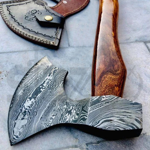 Custom Full Tang Damascus Steel Hunting Camping Bearded <b>Axe</b> Wood <b>Handle</b> Tomahawk Real Hatchet with Leather Sheath, Ideal Gift - Product Image 2