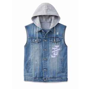 Gilet en jean à capuche Jack and Jill pour hommes, veste sans manches en jean, logo brodé personnalisé, vente en gros - Product Image 1
