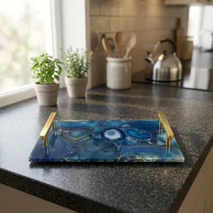 Plateau de service rectangulaire en agate avec poignées dorées, motif marbré bleu, fait main, plat décoratif moderne - Product Image 4