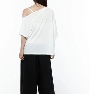 T-shirt blanc à épaules dénudées pour femmes, imprimé graphique numéro 86, manches courtes, bretelles spaghetti, asymétrique, style streetwear Y2K, hauts athlétiques - Product Image 4