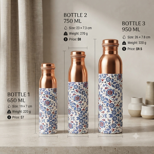 Botella de Agua de Cobre Hecha a Mano con Patrón de Cuatro Hojas Doradas, Tapa de Rosca Hermética, Frasco Ayurvédico para Bienestar, Regalo de Viaje - Product Image 6