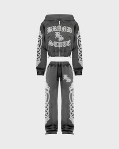 Light Blue Brand Vs State <b>Zip</b> <b>Up</b> Cropped Hoodie & Pants Set Oversized Streetwear Tracksuit. OEM Private Label Manufacturer - Product Image 4