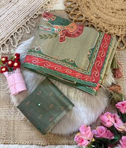 Sari de Seda Beige con Estampado Digital para Mujer, con Borde Verde y Rojo, Traje Tradicional Indio para Bodas, Corte Regular, Largo hasta el Suelo - Product Image 6