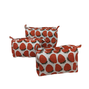 <b>Set</b> <b>of</b> <b>3</b> Fresh Block <b>Print</b> Strawberry Cosmetic Bags - Red & White sustainable - Product Image 2