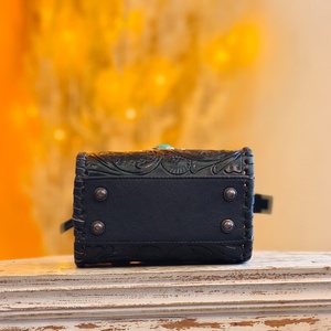 Black Color 100% Genuine Leather Women's Mini Speedy Duffle Bag With Single Stone Studded On Middle & Hand Tooled Florals Carved - Product Image 6