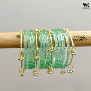 Luxury Handmade Sea Green Kashmiri Raindrop Glass Bangle Set Ghungroo Gold Plated Traditional Ethnic Wedding Jewelry for Women - Product Image 4