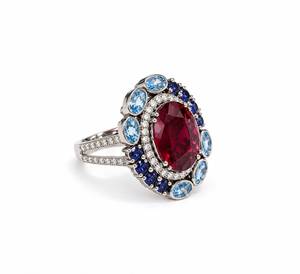 Luxury Women's Cocktail <b>Ring</b> 925 Silver Natural Stone Ruby Oval Cut with Blue Gemstones Prong Setting Flower Design Engagement - Product Image 3