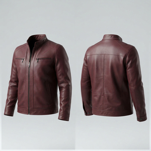 Chaqueta de cuero genuino para hombre, estilo motociclista, con cuello alto, cierre de cremallera, bolsillos en el pecho, para otoño, chaqueta de cuero para carreras. - Product Image 2