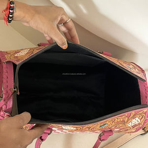 2026 Factory Direct Hand Tooled Leather Large Size Speedy Bag Floral & Card Design With Pink & White Checkered Duffle Travel Bag - Product Image 6