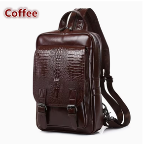<b>Brown</b> Leather <b>Backpack</b> With Crocodile Embossed Pattern And Metal Buckles For Men Women Daily Use premium style leather <b>backpack</b> - Product Image 4