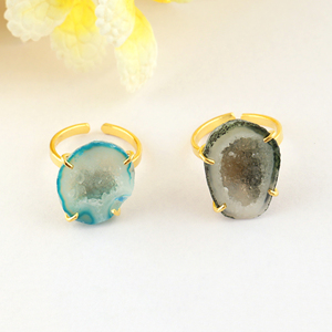 18K Gold Plated Blue & Grey Druzy Agate Adjustable <b>Statement</b> <b>Ring</b> Wholesale Luxury Style Best Selling High Quality Fashion <b>Ring</b> - Product Image 1