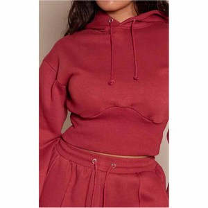<b>Women's</b> Red Hooded Cropped Sweatshirt <b>Set</b> Full Sleeve Loose Fit Casual 2-Piece Outfit Solid Color Fleece Material - Product Image 3