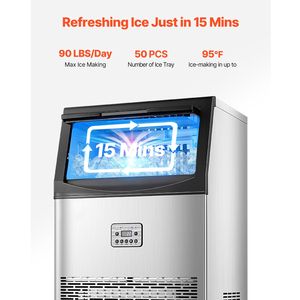 Attrezzatura di Refrigerazione per Cucine Commerciali, Macchina per il Ghiaccio 90lbs/24H, Capacità di Stoccaggio 33lbs, 50 Cubetti di Ghiaccio in 15 Minuti, LED - Product Image 2