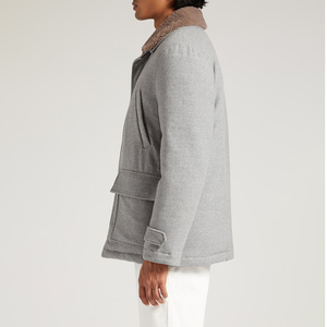 Veste parka en laine pour homme avec col en fourrure, coupe classique, simple boutonnage, manteau d'hiver chaud gris - Product Image 5