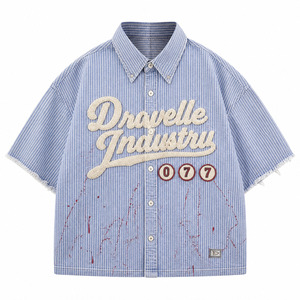 Camisa Y2K con Apliques de Chenilla a Rayas Azules, Personalizada, para Hombre, Estilo Oversize, Corte Cuadrado, con Botones, Manga Corta, Estilo Urbano Retro, 240g Algodón - Product Image 3