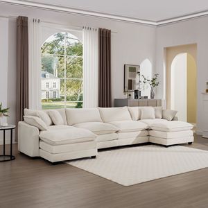 Divano Cloud Comfy Morbido Beige Chiaro per Soggiorno, Imbottito a 4 Posti a Forma di U Modulare con 2 Pouf in Tessuto Corduroy - Product Image 2