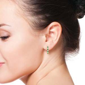 14Kt Yellow Gold Emerald Diamond Huggie Hoop Earrings Channel <b>Set</b> Green Emerald Fine Jewelry Luxury Gift for Women - Product Image 3