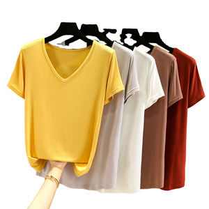T-shirts en coton modal de bonne qualité, unis, en gros, col en V, manches courtes, tops d'été, mode coréenne, décontractés, pour femmes - Product Image 1