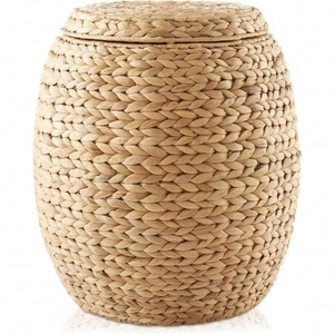 Round Natural Hand <b>Woven</b> Water Hyacinth Organizer with Lid for Laundry, Blankets, Plants - Product Image 1