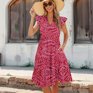 Vestido Midi con Estampado Tribal Samoano para Mujer, Vestido de Vacaciones con Volantes Geométricos Polinesios, Cuello en V y Bolsillos - Product Image 3