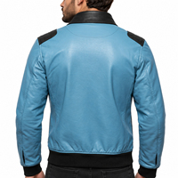 Blouson Bomber Moto en Cuir Bleu pour Homme, Coupe-Vent, Écologique, avec Logo Avant, Col Rabattable, Fermeture Éclair, Manteau Décontracté d'Hiver