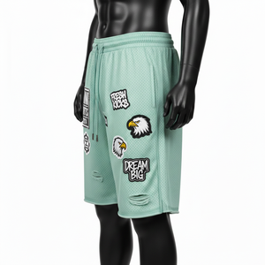 กางเกงขาสั้นกีฬาผ้าตาข่ายเนื้อนุ่มคุณภาพสูง 180GSM สีเขียวมิ้นท์ ปักโลโก้ด้วยเทคนิคฮีททรานเฟอร์ สำหรับออกกำลังกาย กางเกงขาสั้นตาข่ายผู้ชาย - Product Image 3