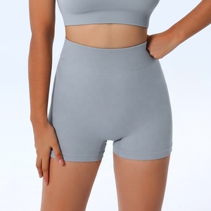 High <b>Waist</b> Ribbed Yoga Shorts For Women Sporty Stretchy Breathable Knitted <b>Elastic</b> <b>Waist</b> Solid Color Workout Gym Casual Shorts - Product Image 4