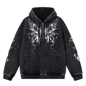 Sudadera con capucha unisex oversize gris lavado personalizado con gráfico de mariposa y cremallera de cuarto, de forro polar grueso, estilo streetwear - Product Image 1