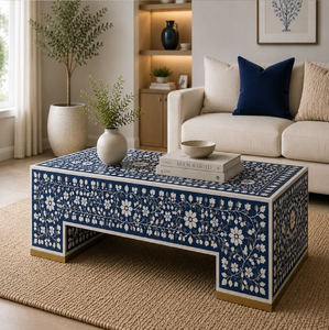 Mesa de centro redonda amarilla con incrustaciones de mosaico de hueso, con un estante inferior y patas a juego, disponible a precios de mayorista. - Product Image 6