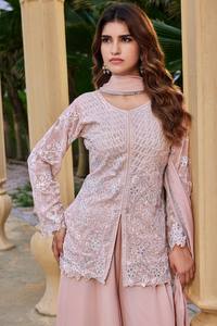 Ensemble Kurta brodé pêche avec pantalon Palazzo et Dupatta – Tenue traditionnelle indienne et pakistanaise ample pour femme, idéale pour les fêtes - Product Image 4