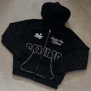 Ropa de calle de calidad superior con estampado de pantalla de peso pesado con diamantes de imitación Zip Up Hoodie para Unisex 100% algodón 500GSM Flees - Product Image 5