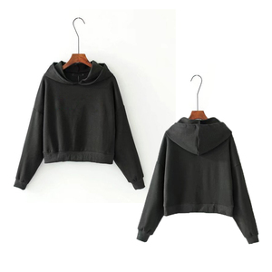 Sudadera con Capucha Corta Negra de Alta Calidad para Mujer, Corte Regular, Color Sólido, Informal, Tejida, Mezcla de Poliéster/Algodón, Otoño Invierno - Product Image 1