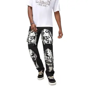 カスタムストリートスタイルプリントロゴレギュラーグラフィティタッセルリップドジーンズヒップホップパンツ男性用ズボンジーンズ品質