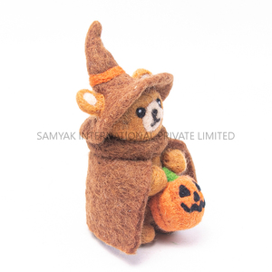 Handmade <b>Felt</b> Brown Teddy Bear Halloween Decoration with Hat Coat & Pumpkin | Cute Mini Plush Gift Toy - Product Image 3