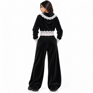 OEM Women's Custom <b>Black</b> Velvet Tracksuit Set Lace Trim Cropped <b>Zipper</b> <b>Hoodie</b> Wide Leg Pants 2 Piece Lounge Sweatsuit Outfit - Product Image 2