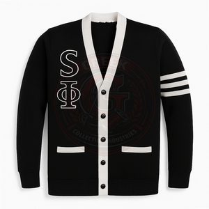 Cardigan noir en tricot à col en V pour femme, avec bordure contrastante blanche et broderie de lettres grecques SΦ, manches longues, style classique - Product Image 1